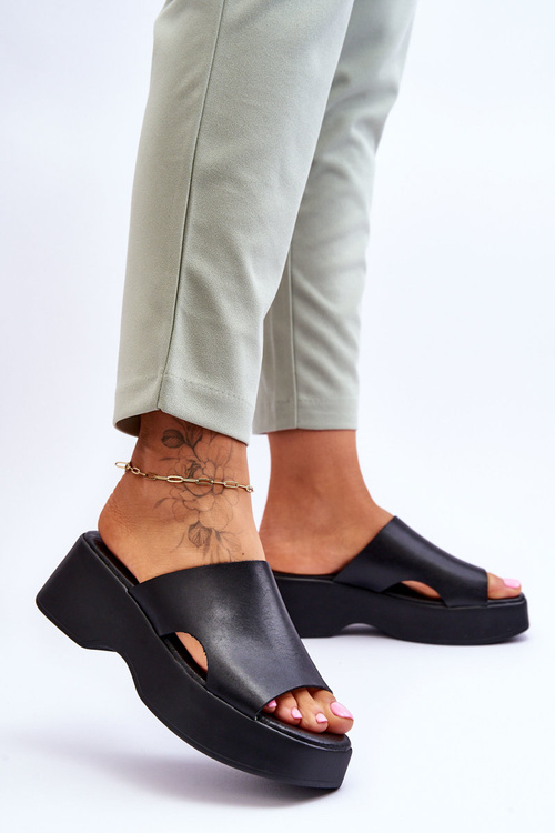 Klapki Damskie Skóra Platforma Czarne Lemar Lucami