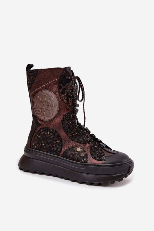 Ocieplane Skórzane Botki Na Platformie Brązowo-Złote Maciejka 06565-04