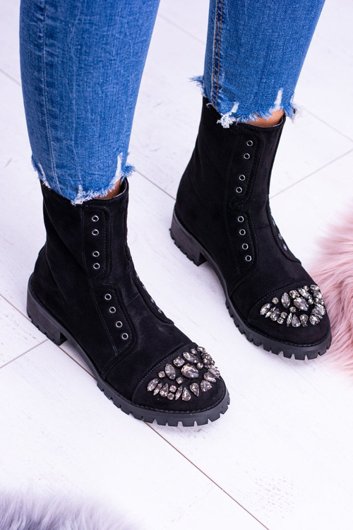 Lu Boo | Black Women's Ankle Booties Zirconia Suede Carrie