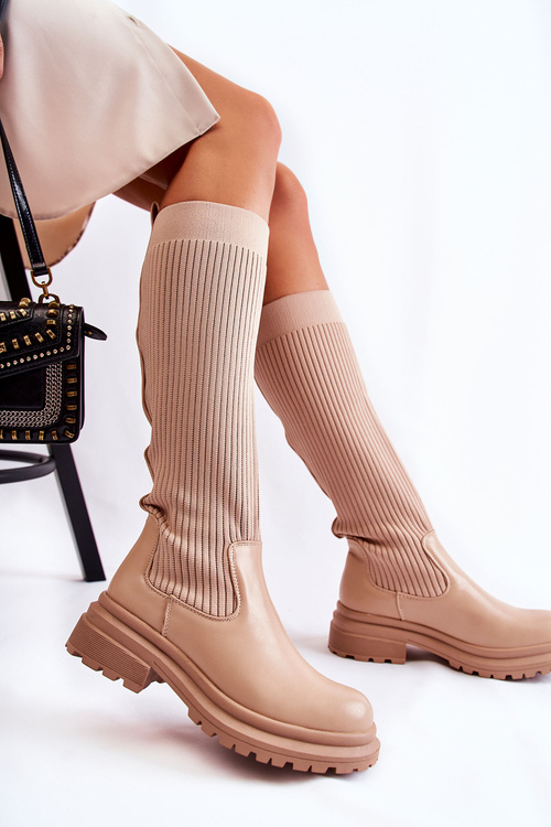 Ribbed Women's Boots On Flat Heel Beige Allys