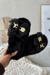 Fur Ladies Slippers With Bow And Golden Decoration Black Nolara