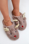 Christmas Slippers With Reindeer Design Furry Dark Beige Asielle