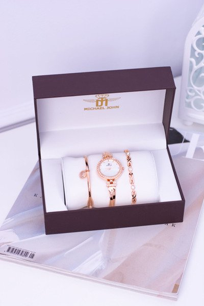Michael John Set Women's Zirconia Watch Two Bracelets Pink Gold