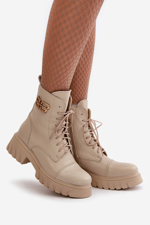 Zazoo 60486 Leather Ankle Boots Workers Insulated With Gold Detail Light Beige