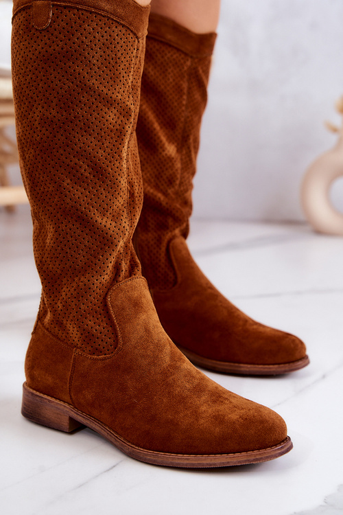 Women's Suede Openwork Boots Camel Thessie