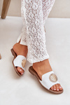 Damskie Klapki Skóra Naturalna Płaski Obcas Ozdoba Białe 3047/O