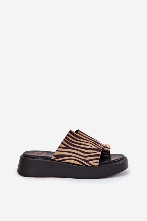 Ladies Sandals On Platform And Low Wedge With Decorative Detail Zebra Black-Beige Saqesse