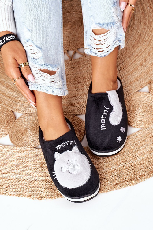 Velor Slippers With A Cat Black Good Morning
