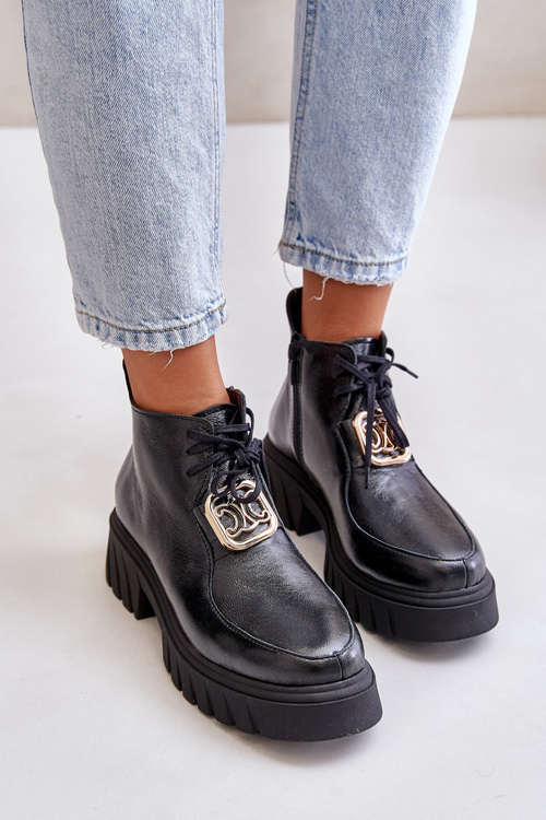 Skórzane Botki Złota Ozdoba Czarne Zazoo 2952