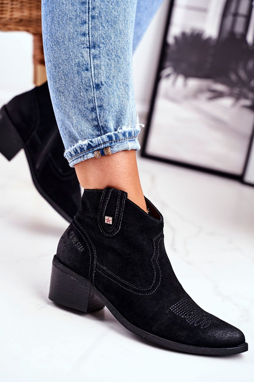 Botki Skórzane Obcas Słupek Big Star Czarne GG274329