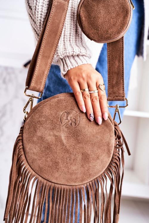 Women's Round Leather Bag With Fringes Boho LAURA BIAGGI Beige
