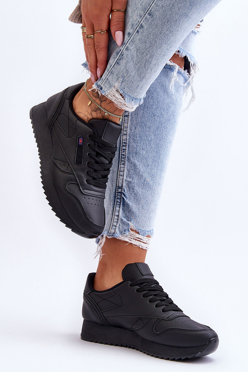 Leather Lace Up Platform Sports Shoes Black Merida