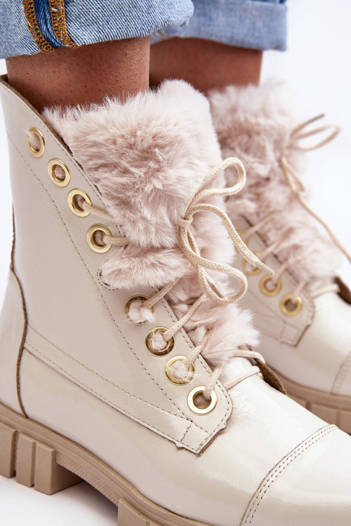Leather Women's Boots With Faux Fur Light Beige Lewski 3296