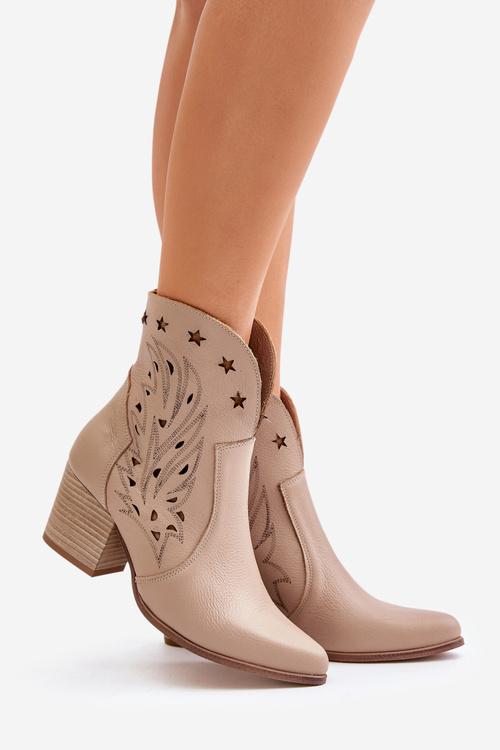 Kowbojki Botki Ażurowe Obcas Słupek Skóra Beżowe Lewski 3613