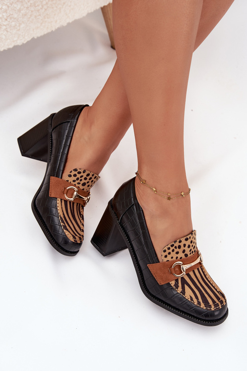 Women's Low Shoes with Heel with Embossing and Gold Detail Black-Beige Novella