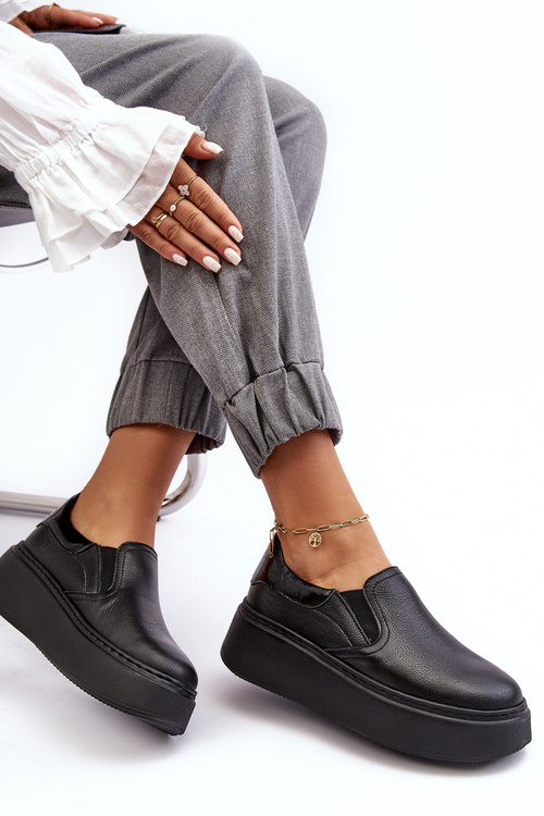 Buty Sportowe Damskie Skóra Platforma Czarne Lemar Manish 10151