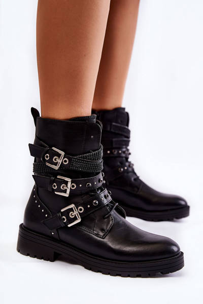 Women's Warm Boots With Strips Smooth Black Lamberta