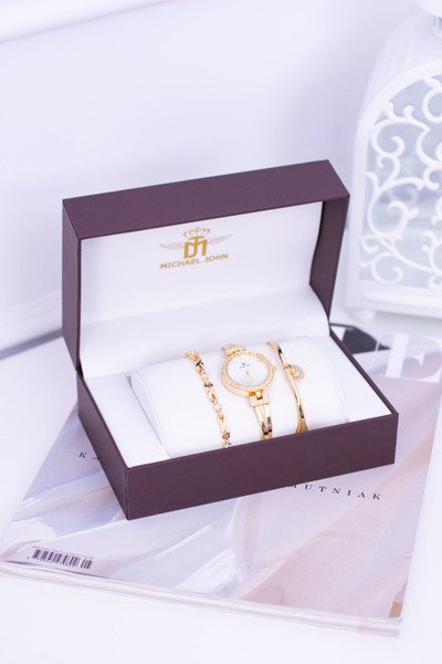 Michael John Set Gold Women's Watch With Zircons Two Bracelets