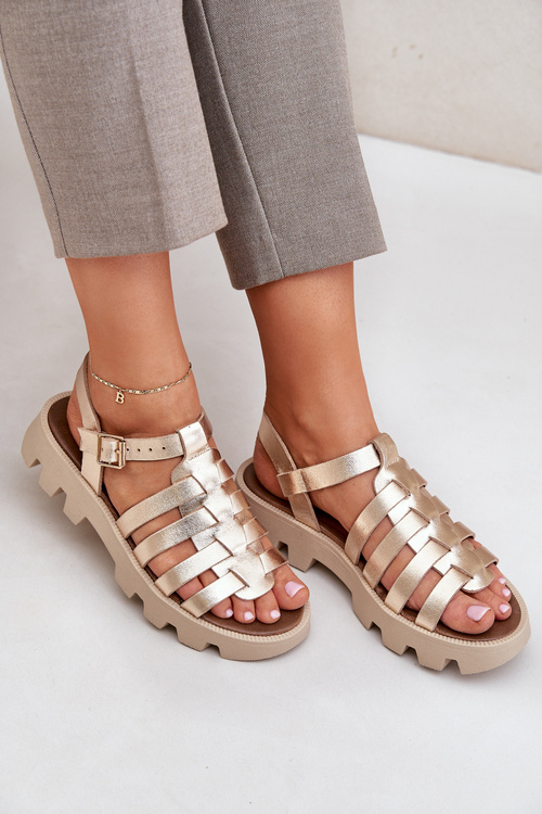 Sandały Damskie Skóra Naturalna Złote Zazoo 3695