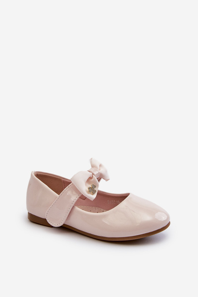 Children's Patent Leather Ballerina Flats with Velcro Bow Pink Kitty