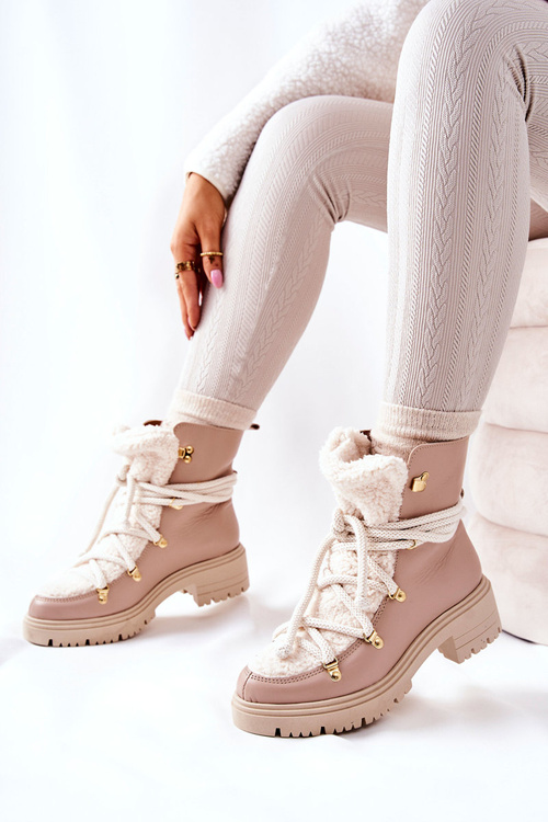 Leather Trapper Boots Tied Lewski Beige 3116