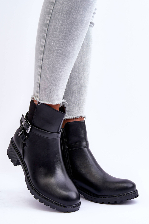 Botki Damskie Skóra Paski Czarne Minks M715