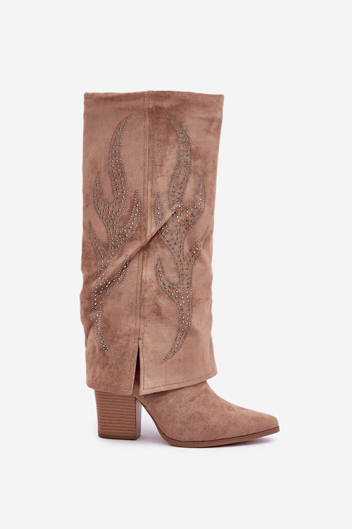 Kozaki Z Wywiniętą Cholewką I Zdobieniem Na Słupku Ciemnobeżowe Ivilta