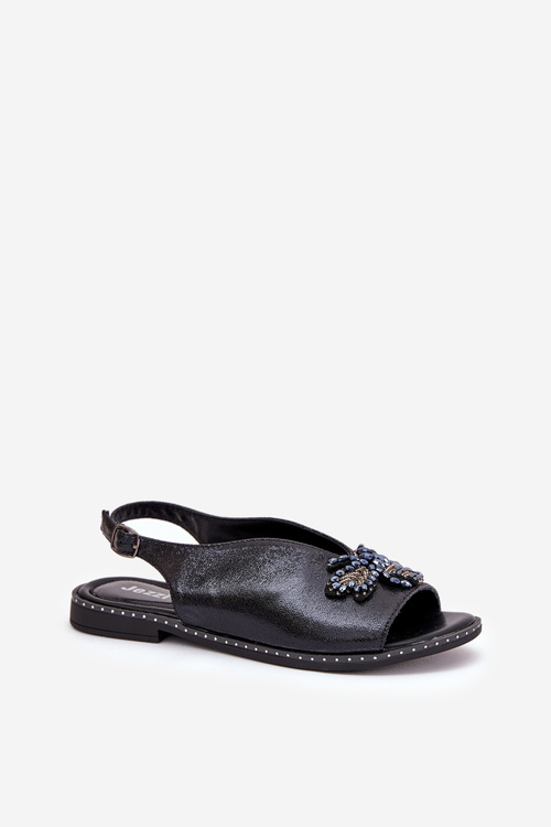 Shiny Women's Sandals With Decoration Flat Black Russona