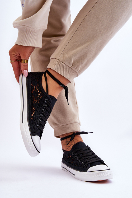 Trampki Damskie Ażur Materiał Czarne Fergo