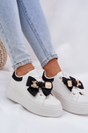 Women's Sneakers With Bow And Brooch With Bear Black-White Leathria