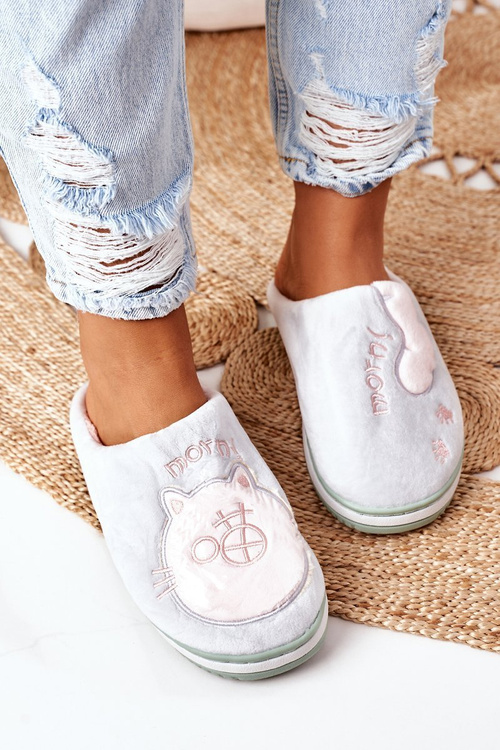 Velor Slippers With A Cat Green Good Morning