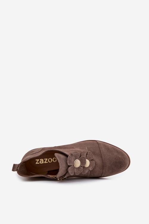 Suede Women's Loafers with Decorative Flowers Zazoo 3080 Dark Beige