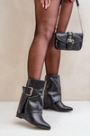 Botki Z Wywiniętą Cholewką Na Koturnie Eko Skórzane Klamra Czarne Vortinia  