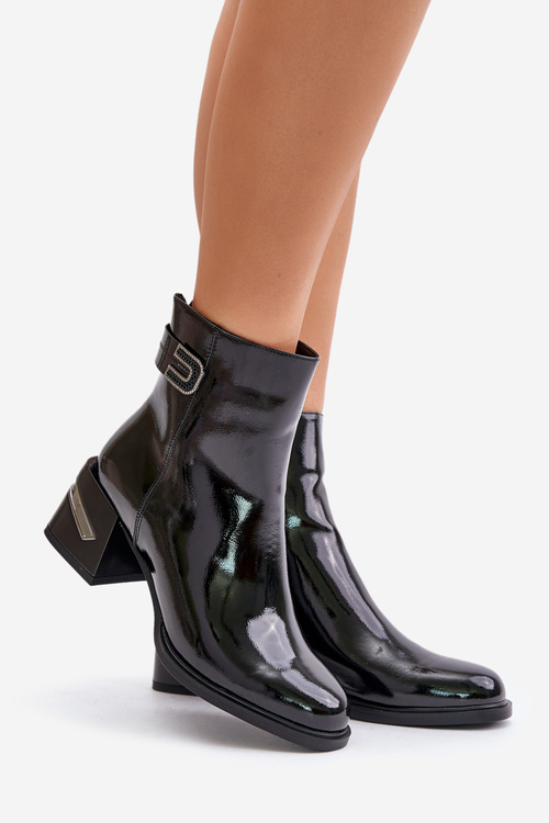 Ocieplane Lakierowane Botki Obcas Ozdoba Czarne MR880-093