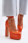 Orange Ninames Patent Leather Pumps on Chunky Platform and Heel