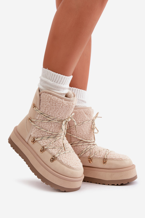 Ladies Platform Snow Boots With Lacing Light Beige Riaviana