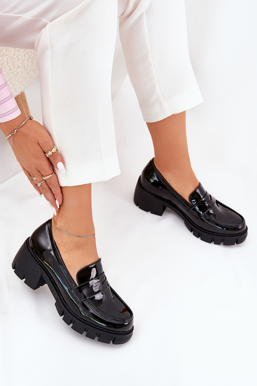 Półbuty Lakierowane Damskie Masywny Obcas Czarne Felonith