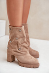 Botki Zdobione Wywinięta Cholewka Obcas Słupek Eko Zamszowe Beżowe Esadora