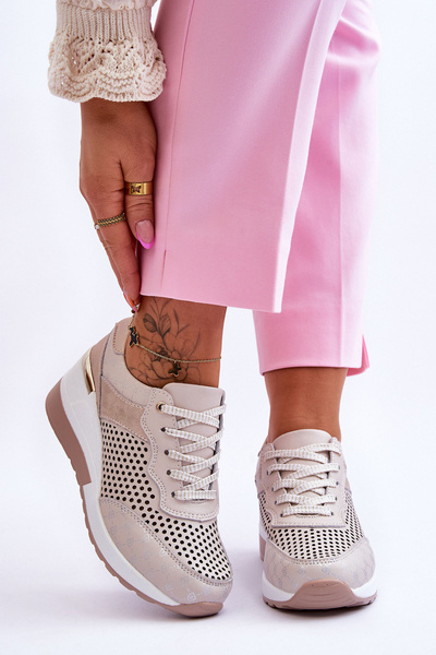 Buty Sportowe Damskie Skóra Ażurowe Jasnobeżowe Virginia