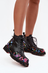 Leather Women's Ankle Boots With Flowers Insulated Artiker 57C0180 Black