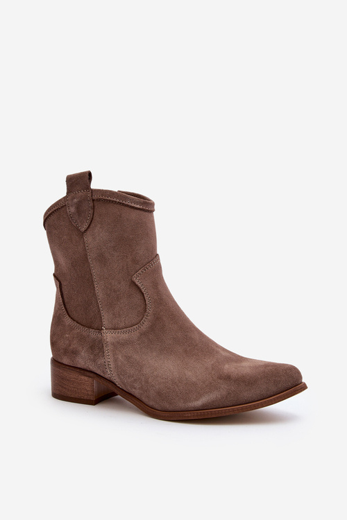 Zazoo 3329 Suede Cowboy Ankle Boots Low Heel Dark Beige