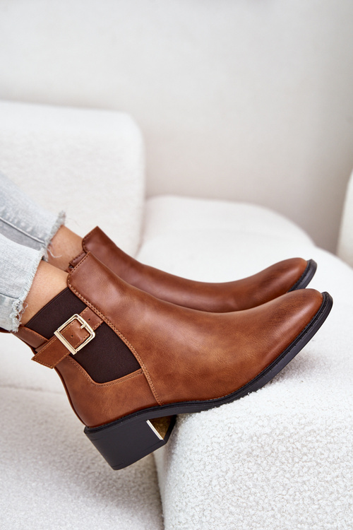 Sztyblety Botki Ocieplane Niski Obcas Złota Klamra Camel Vomera