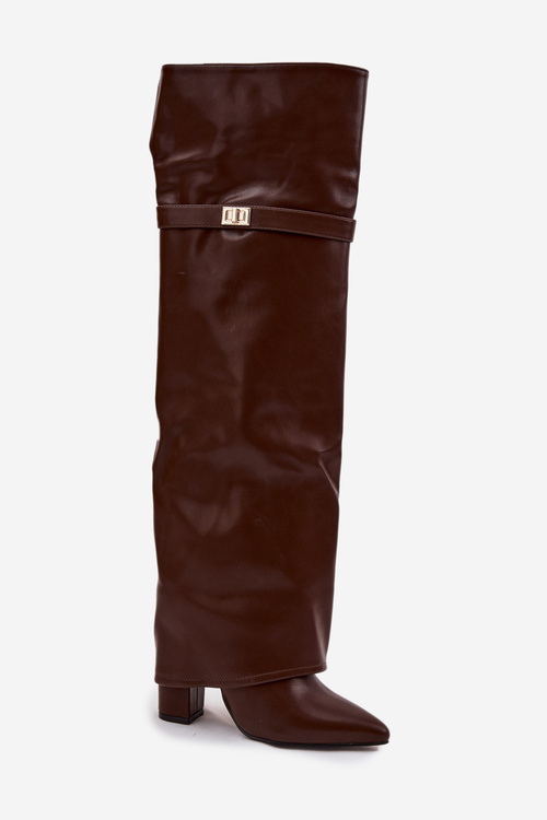 Kozaki Wywinięta Cholewka Za Kolano Obcas Słupek Ocieplane Brązowe Serelle