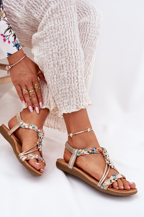 Ladies Flat Sandals With Woven Straps And Charms Artiker 54C1323 Gold