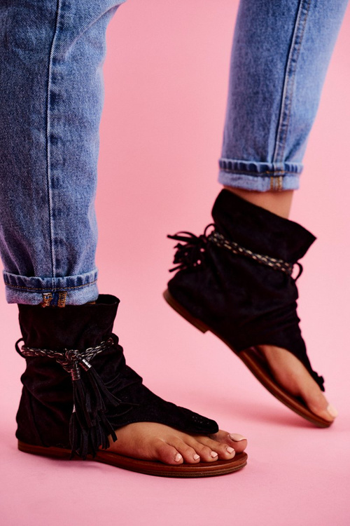 Damskie Sandałki Japonki Z Cholewką Czarne SL1011 Madrit