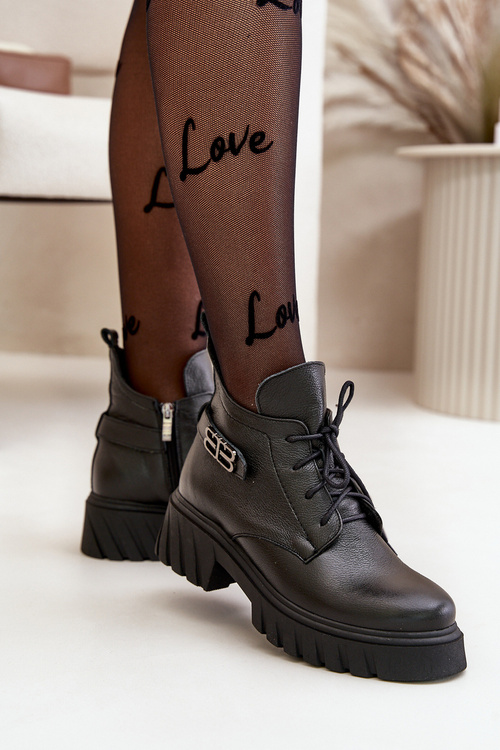 Zazoo 60483 Women's Leather Ankle Boots With Low Shaft Insulated Black