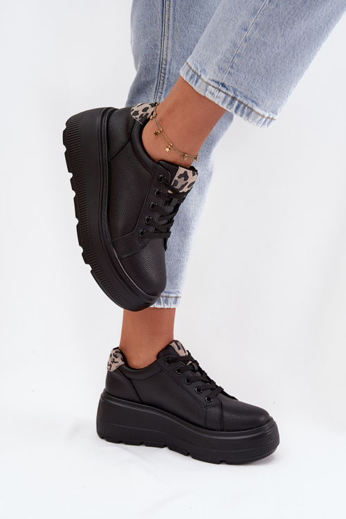 Leather Women's Sneakers On Platform Leopard Vinceza 89144 Black