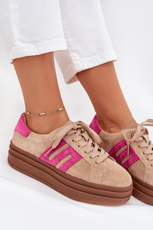 Women's Platform Sneakers Made Of Natural Suede Beige-Pink Eldira