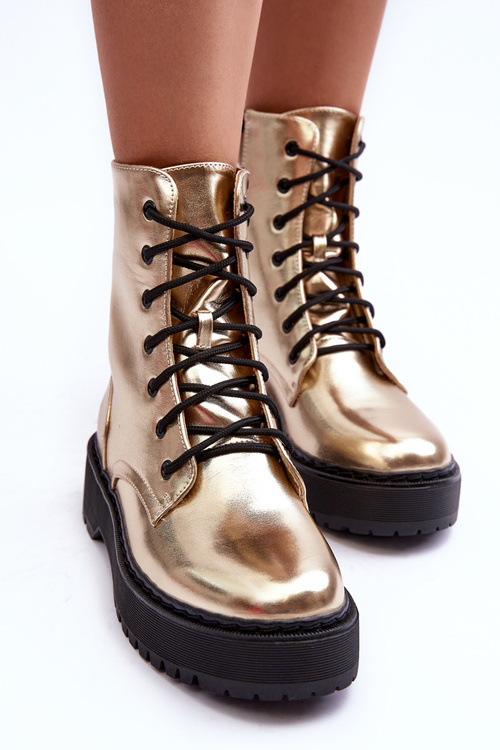 Botki Workery Metaliczne Skóra Złote Teflorna CLS-270