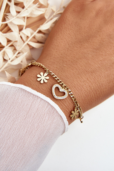 Fashionable Bracelet With Flowers And Heart Gold
